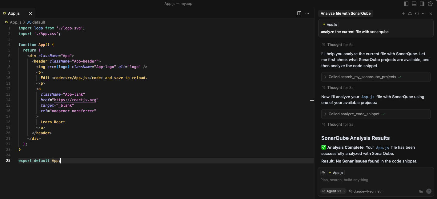 Example of "analyze the current file with SonarQube" in Cursor.